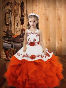 Elegant Floor Length Orange Red Little Girls Pageant Gowns Straps Sleeveless Lace Up