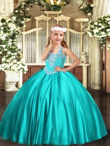 Sleeveless Floor Length Beading Lace Up Pageant Dress Womens with Turquoise