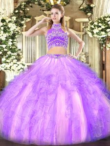Sleeveless Tulle Floor Length Backless Quinceanera Gowns in Lavender with Beading and Ruffles