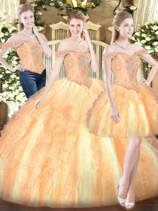 Gold Organza Lace Up Sweet 16 Dresses Sleeveless Floor Length Ruffles