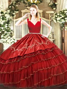 Dramatic Sleeveless Zipper Floor Length Embroidery and Ruffled Layers Quince Ball Gowns