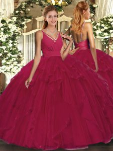 Floor Length Backless 15 Quinceanera Dress Wine Red for Military Ball and Sweet 16 and Quinceanera with Ruffles