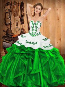 Satin and Organza Strapless Sleeveless Lace Up Embroidery and Ruffles Ball Gown Prom Dress in Green