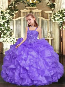 Sleeveless Floor Length Beading and Ruffles Lace Up Girls Pageant Dresses with Lavender