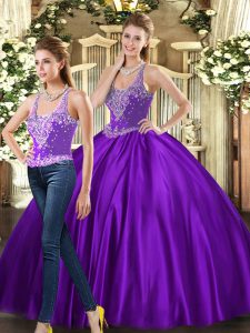 Custom Made Purple Ball Gowns Beading Quince Ball Gowns Lace Up Tulle Sleeveless Floor Length