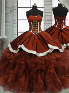 Custom Designed Rust Red Ball Gowns Organza Sweetheart Sleeveless Beading and Ruffles Floor Length Lace Up Sweet 16 Dresses