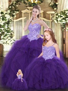 Popular Eggplant Purple Lace Up Vestidos de Quinceanera Beading and Ruffles Sleeveless Floor Length