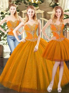 Dynamic Floor Length Orange Red 15 Quinceanera Dress Tulle Sleeveless Beading