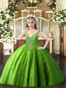 Wonderful Green Lace Up V-neck Beading and Appliques Little Girls Pageant Dress Wholesale Tulle Sleeveless