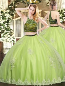 Tulle Halter Top Sleeveless Zipper Beading and Appliques Vestidos de Quinceanera in Yellow Green