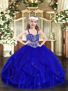 Glorious Tulle Straps Sleeveless Lace Up Beading and Ruffles Pageant Gowns For Girls in Royal Blue