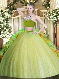 Beading and Ruffles Sweet 16 Dresses Olive Green Backless Sleeveless Floor Length
