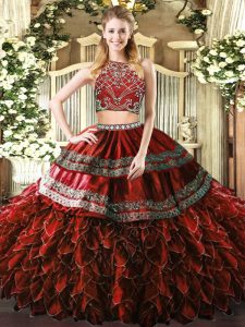 Deluxe Burgundy Two Pieces Tulle High-neck Sleeveless Beading and Ruffles Floor Length Zipper 15 Quinceanera Dress