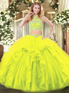 New Style Two Pieces Quinceanera Dress Yellow Green High-neck Tulle Sleeveless Floor Length Backless