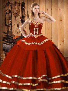 Floor Length Lace Up Sweet 16 Dress Wine Red for Military Ball and Sweet 16 and Quinceanera with Embroidery