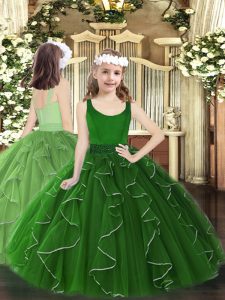 New Style Dark Green Organza Zipper Scoop Sleeveless Floor Length Little Girl Pageant Dress Beading and Ruffles