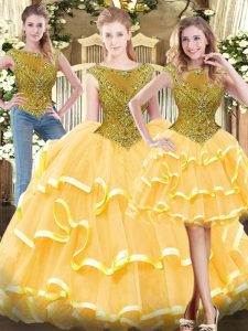 Gold Zipper Quinceanera Dresses Beading and Ruffled Layers Sleeveless Floor Length