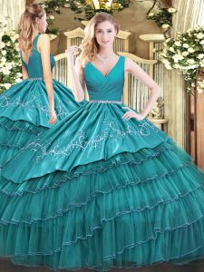 Top Selling Teal Sleeveless Embroidery and Ruffled Layers Floor Length 15th Birthday Dress