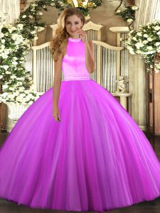Unique Rose Pink and Lilac Tulle Backless Quinceanera Dress Sleeveless Floor Length Beading