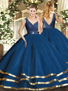 Classical Floor Length Navy Blue Quinceanera Dress Tulle Sleeveless Beading and Ruffled Layers