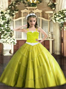 Sleeveless Tulle Floor Length Lace Up Little Girl Pageant Dress in Yellow Green with Appliques