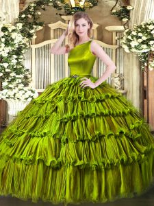 Olive Green Clasp Handle Scoop Ruffled Layers Quince Ball Gowns Organza Sleeveless