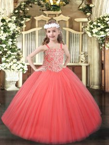 Amazing Coral Red Tulle Lace Up Little Girl Pageant Dress Sleeveless Floor Length Beading