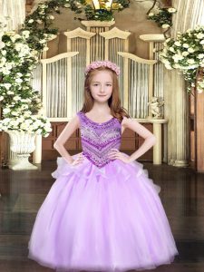 Classical Floor Length Lilac Little Girls Pageant Gowns Scoop Sleeveless Lace Up