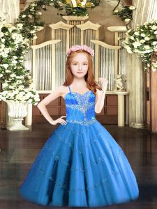 Baby Blue Lace Up Girls Pageant Dresses Beading Sleeveless Floor Length