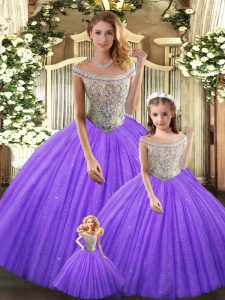 Tulle Bateau Sleeveless Lace Up Beading 15 Quinceanera Dress in Eggplant Purple