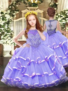 High Class Floor Length Lavender Kids Pageant Dress Scoop Sleeveless Zipper