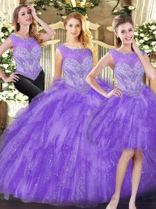 Eggplant Purple Three Pieces Beading and Ruffles Vestidos de Quinceanera Lace Up Organza Sleeveless Floor Length
