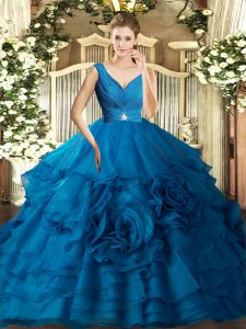 Trendy Floor Length Blue Vestidos de Quinceanera V-neck Sleeveless Backless