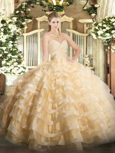 Champagne Sweet 16 Dress Military Ball and Sweet 16 and Quinceanera with Beading and Ruffled Layers Sweetheart Sleeveless Lace Up