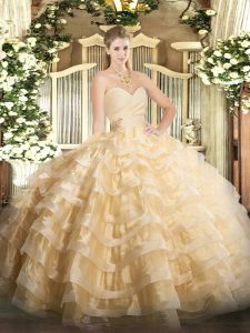 Champagne Sweet 16 Dress Military Ball and Sweet 16 and Quinceanera with Beading and Ruffled Layers Sweetheart Sleeveless Lace Up