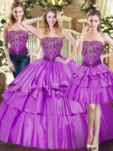 Inexpensive Floor Length Lace Up 15 Quinceanera Dress Eggplant Purple for Military Ball and Sweet 16 and Quinceanera with Beading and Ruffled Layers