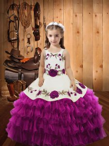 Classical Fuchsia Sleeveless Embroidery and Ruffled Layers Floor Length Little Girls Pageant Dress Wholesale