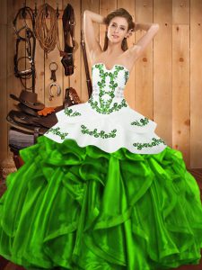 Popular Strapless Neckline Embroidery and Ruffles Quinceanera Dress Sleeveless Lace Up