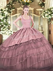 Pink Straps Neckline Embroidery and Ruffled Layers 15 Quinceanera Dress Sleeveless Zipper
