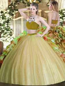 Olive Green Two Pieces Beading and Ruffles Ball Gown Prom Dress Backless Tulle Sleeveless Floor Length