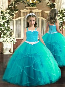 Aqua Blue Tulle Lace Up Straps Sleeveless Floor Length Little Girl Pageant Gowns Appliques and Ruffles