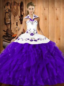 Ball Gowns Sweet 16 Dress Purple Halter Top Satin and Organza Sleeveless Floor Length Lace Up