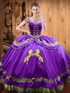 Ideal Floor Length Purple Quinceanera Dress Satin and Organza Sleeveless Beading and Embroidery