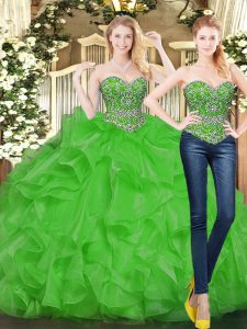 Attractive Green Sweetheart Neckline Beading and Ruffles Vestidos de Quinceanera Sleeveless Lace Up