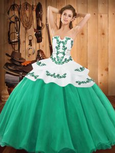 Turquoise Ball Gowns Strapless Sleeveless Satin and Organza Floor Length Lace Up Embroidery 15 Quinceanera Dress