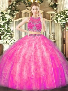 Fabulous Two Pieces Quinceanera Gowns Fuchsia Scoop Tulle Sleeveless Floor Length Zipper