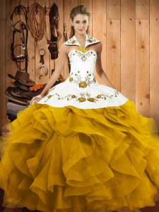 Captivating Halter Top Sleeveless Lace Up Sweet 16 Dress Gold Tulle