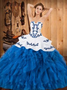 Satin and Organza Strapless Sleeveless Lace Up Embroidery and Ruffles Quince Ball Gowns in Blue And White