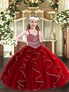 Wine Red Sleeveless Beading and Ruffles Floor Length Little Girls Pageant Gowns