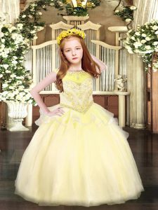Floor Length Zipper Child Pageant Dress Light Yellow for Party and Quinceanera with Beading